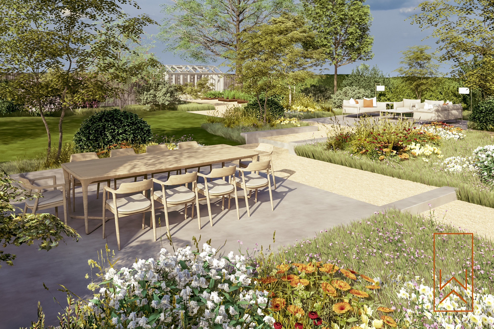 Outdoor dining terrace within layered planting in a new build family garden, Kineton.