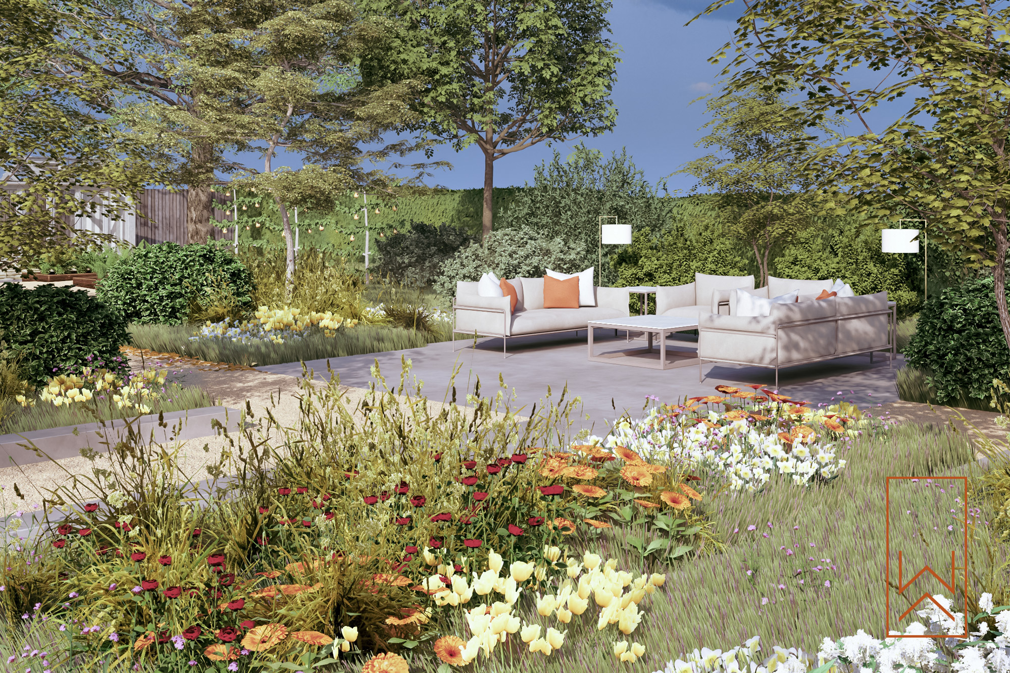 Seating terrace surrounded by naturalistic planting and trees in contemporary family garden design.