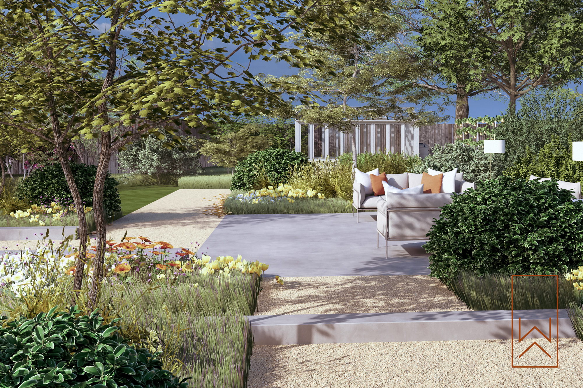 Garden zones with greenhouse and planting beds in layered new build garden design.