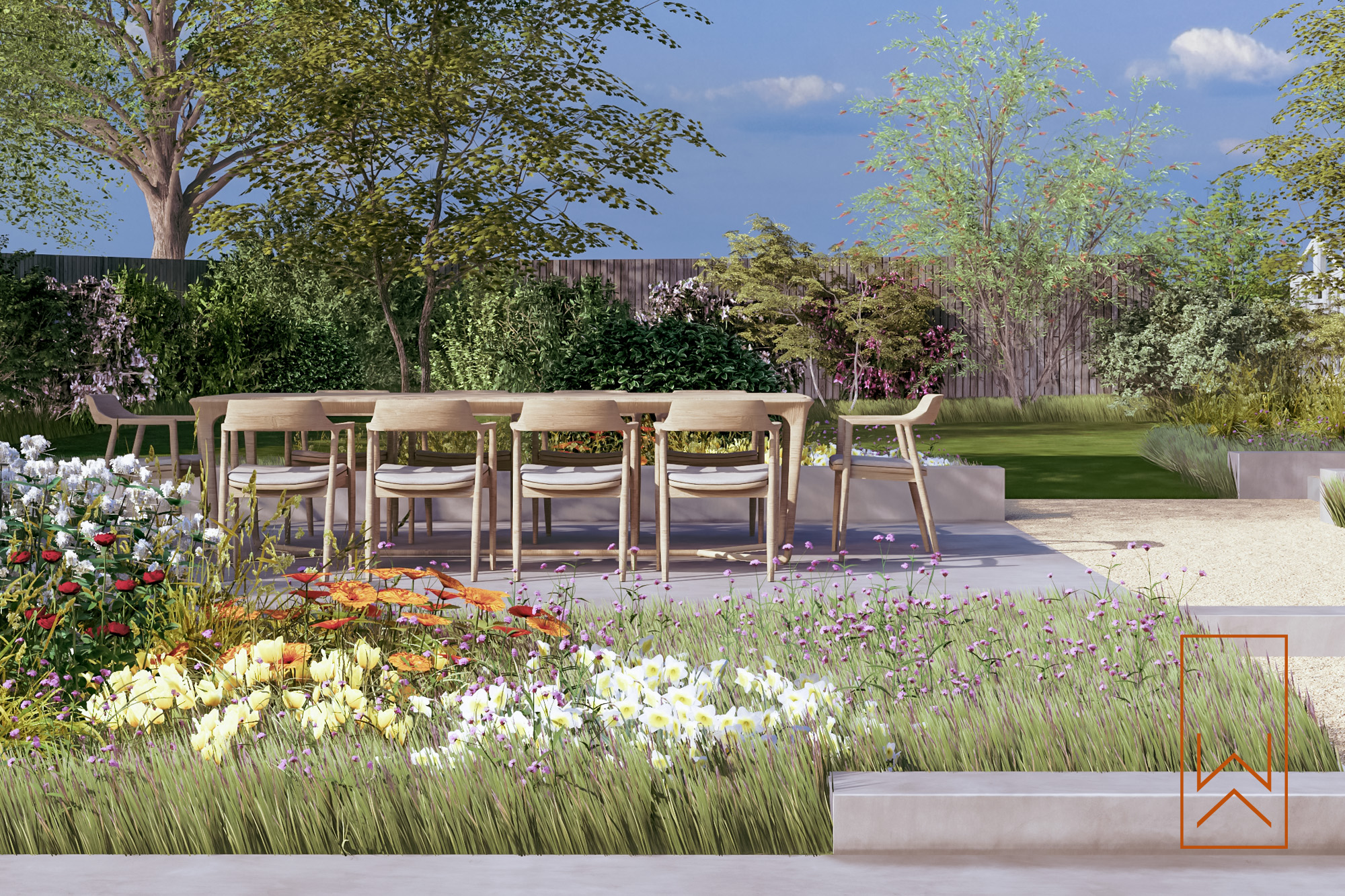 Outdoor dining area set within flowering borders in contemporary new build garden.