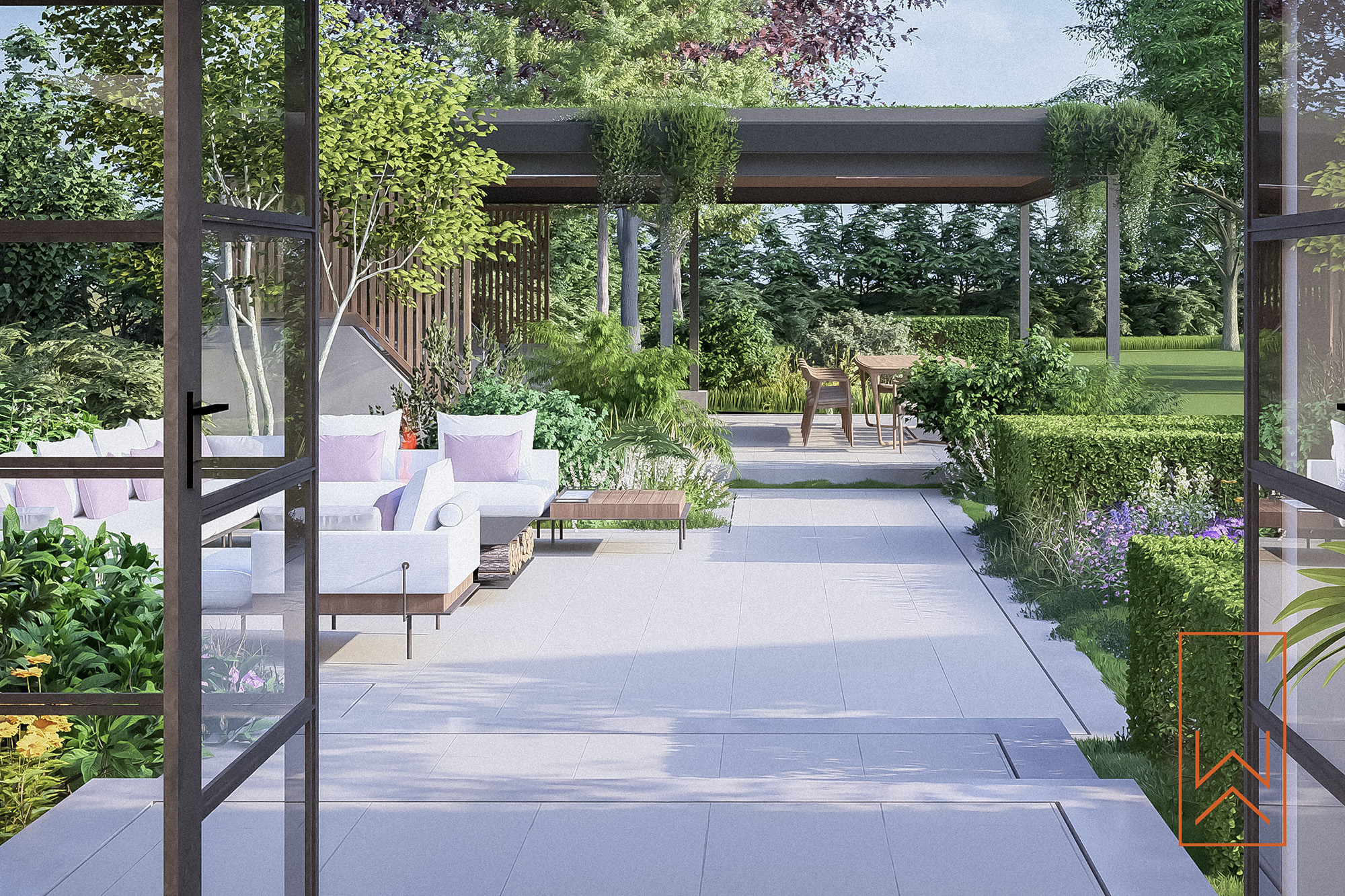 Contemporary garden with outdoor dining pavilion and layered planting in Welford-on-Avon.