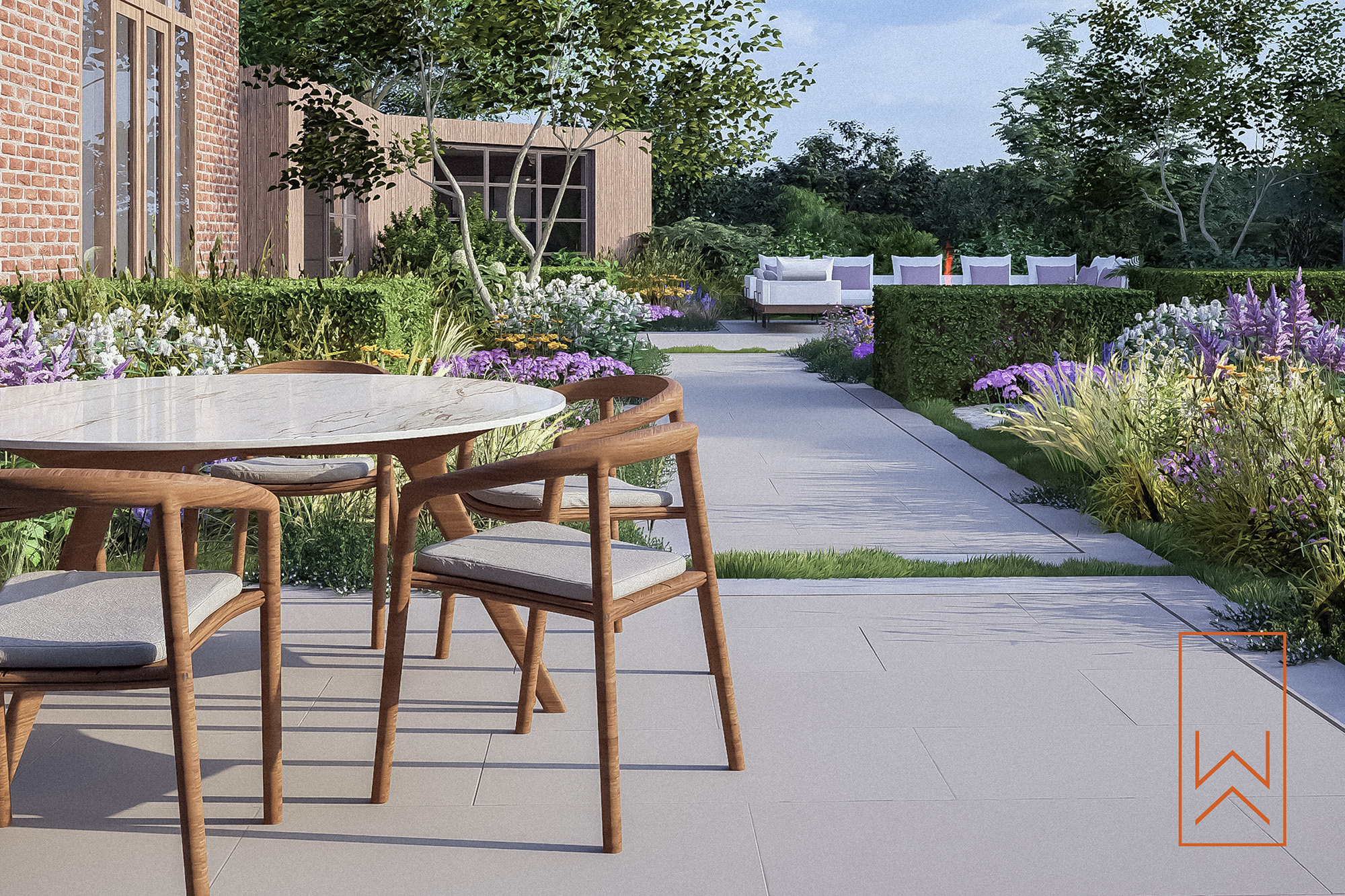 Garden office building set within layered planting and structured hedging.