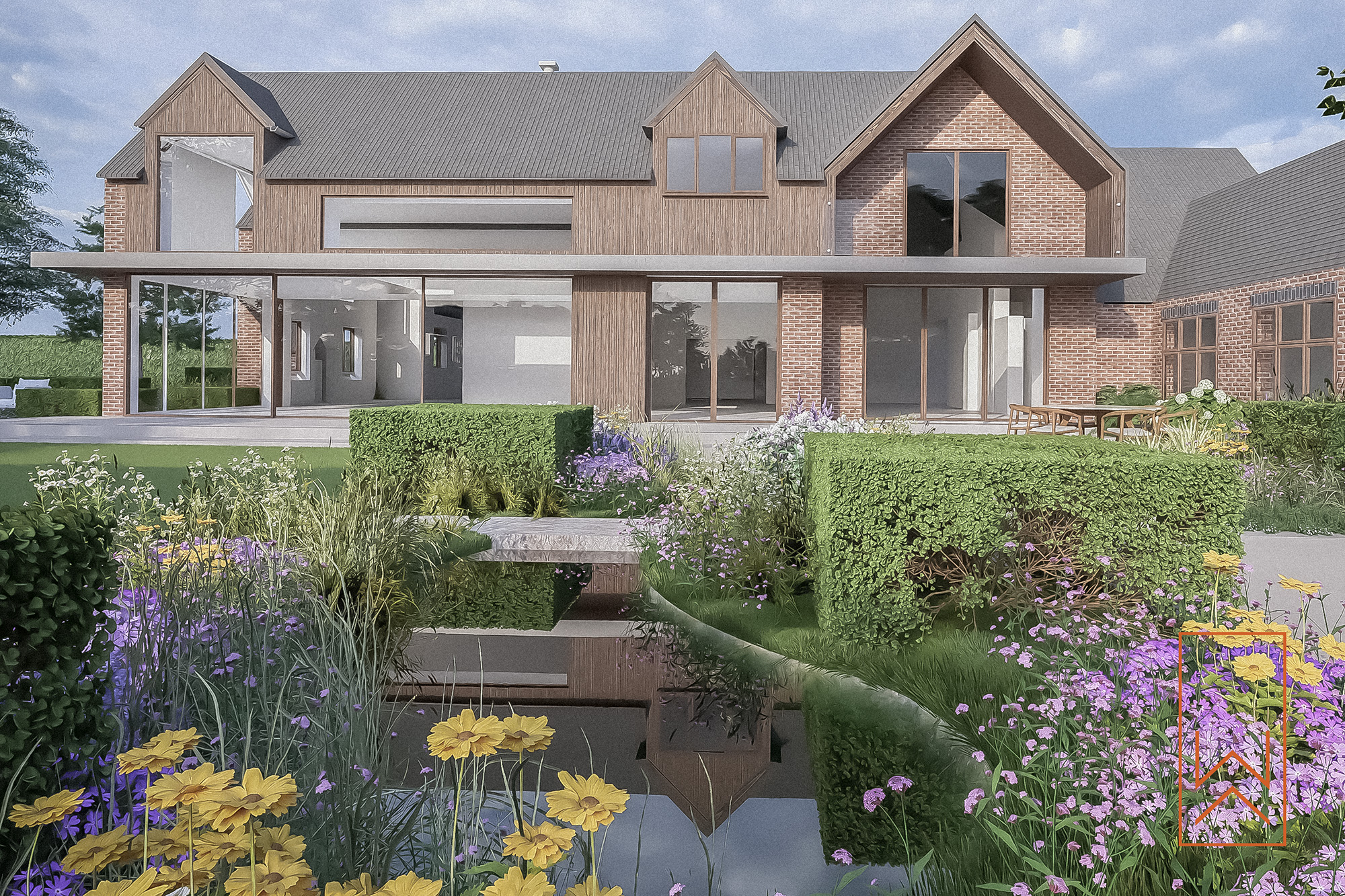 Contemporary water feature surrounded by naturalistic planting in large entertaining garden.