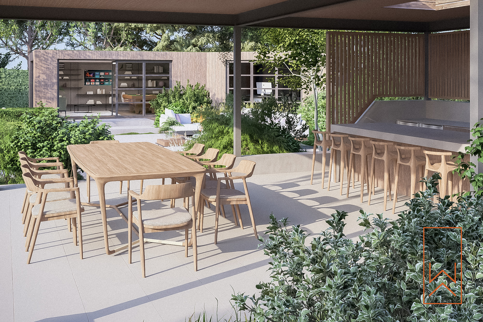 Outdoor dining terrace framed by structured hedging and perennial planting in modern garden design.