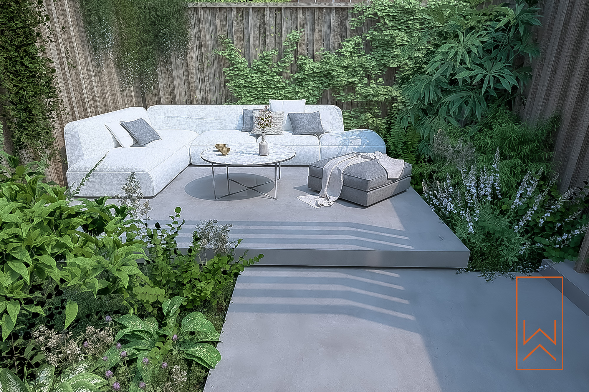 Contemporary courtyard garden seating area surrounded by dense planting and vertical oak fencing.