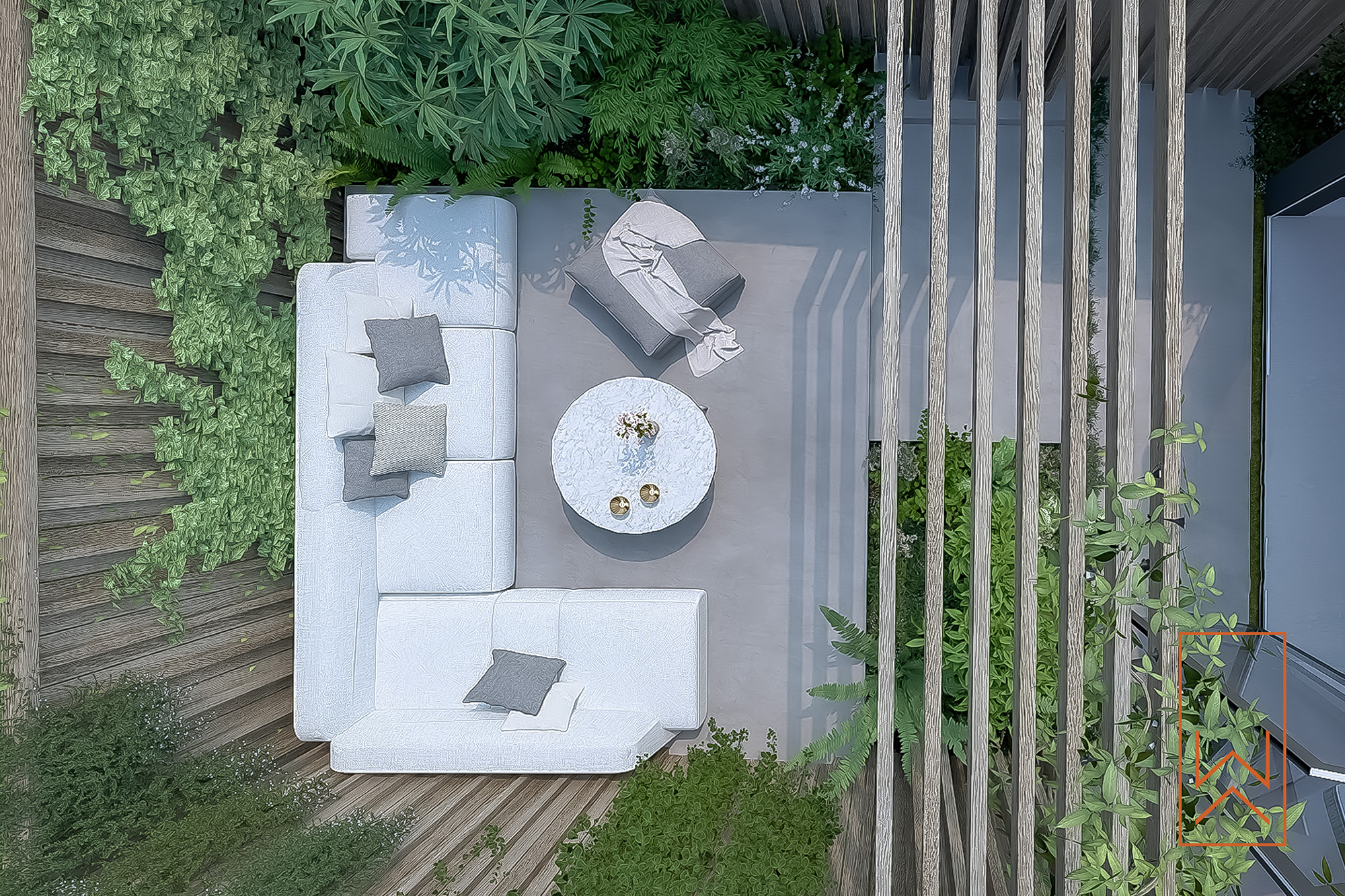 Overhead view of compact city garden with pergola, integrated seating, and layered planting.