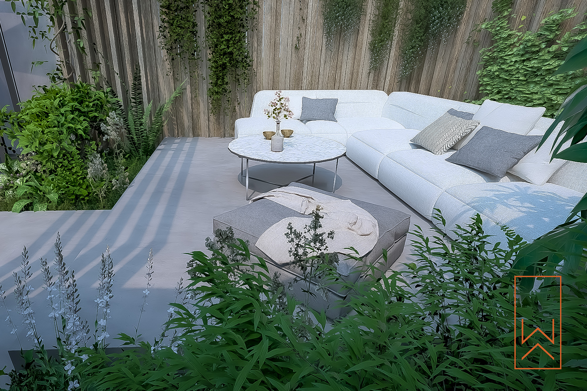 Modern urban courtyard garden with lounge seating, pergola structure, and naturalistic planting.