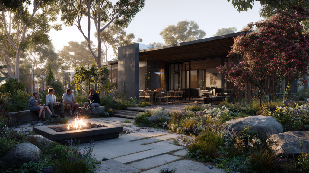 Family gathered around a fire pit in a contemporary garden with layered planting, stone terraces and softly lit steps at dusk.
