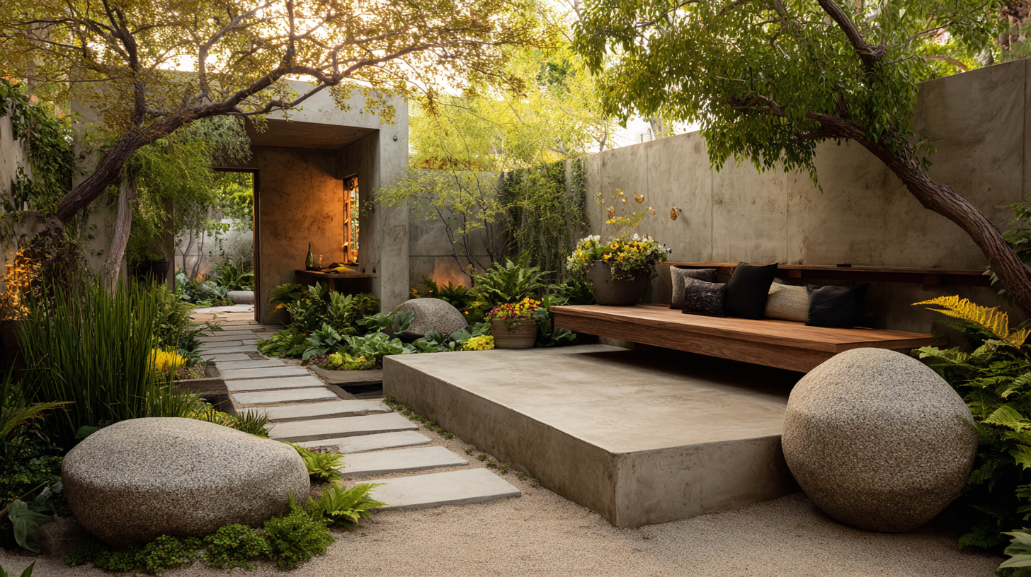 Natural garden path winding through layered planting with seating beside a modern garden pavilion