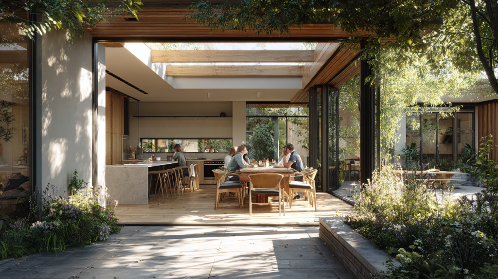 Family dining in a garden-integrated home with seamless indoor–outdoor living and planted surroundings