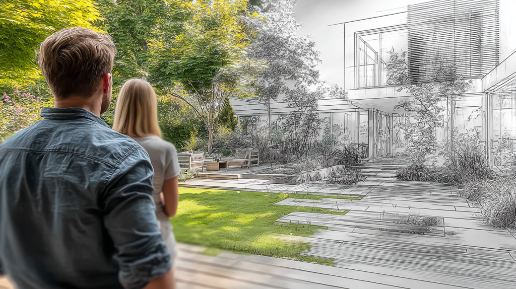 Clients viewing a garden design as architectural sketches transition into a completed landscape, illustrating how design thinking translates ideas into reality.