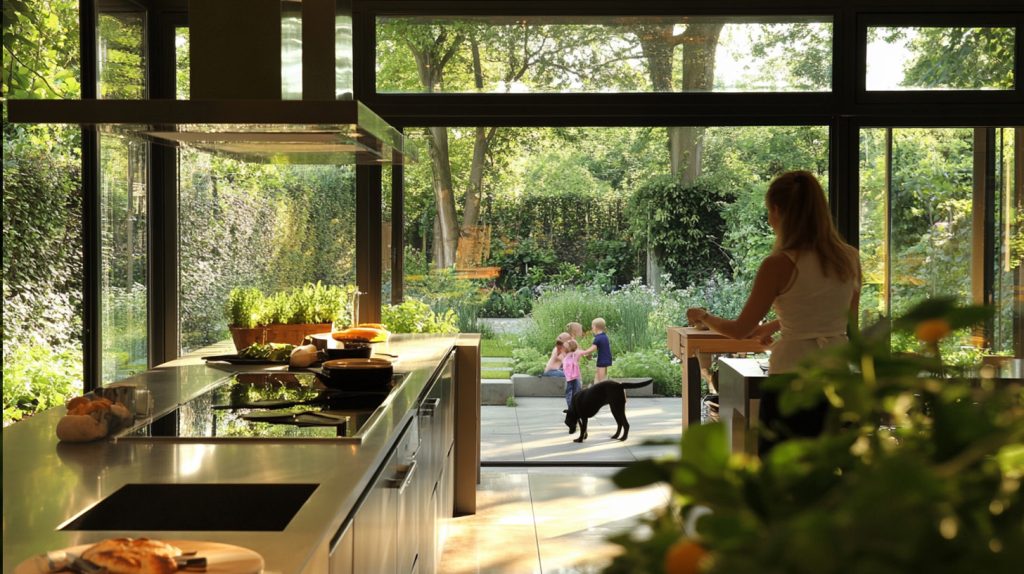 Family kitchen opening onto a planted garden courtyard, showing everyday life flowing between interior and outdoor space