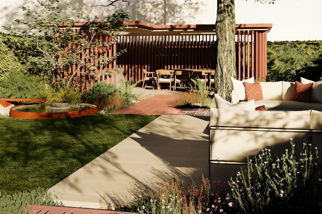 Contemporary red slatted garden pavilion with lounge seating set beside a historic brick house