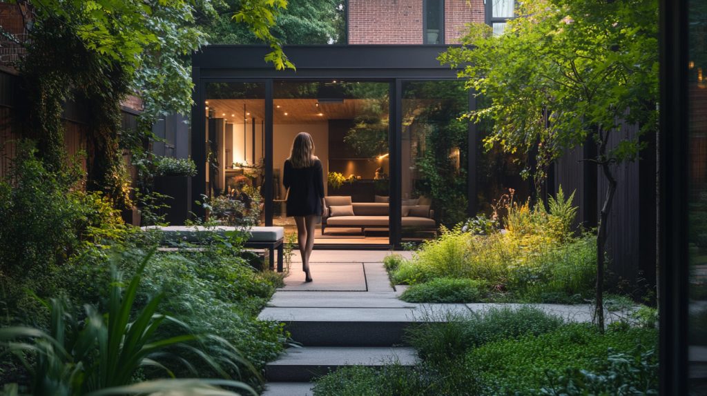 A person walking through a calm, layered garden toward a softly lit modern home, illustrating a garden designed to support daily life and wellbeing.