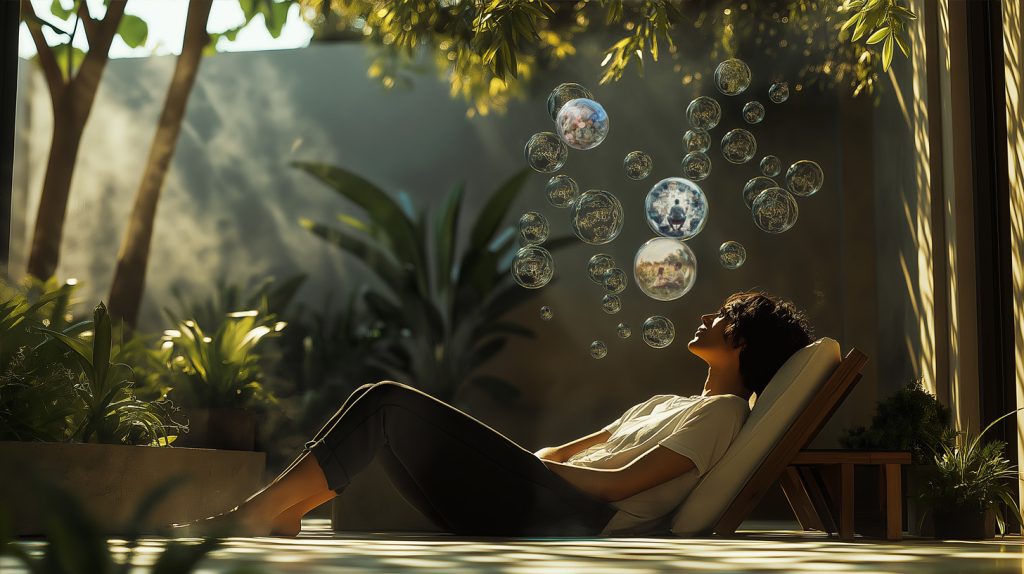 Person reclining in a sunlit garden, gazing at floating bubbles that reflect moments of calm and imagination