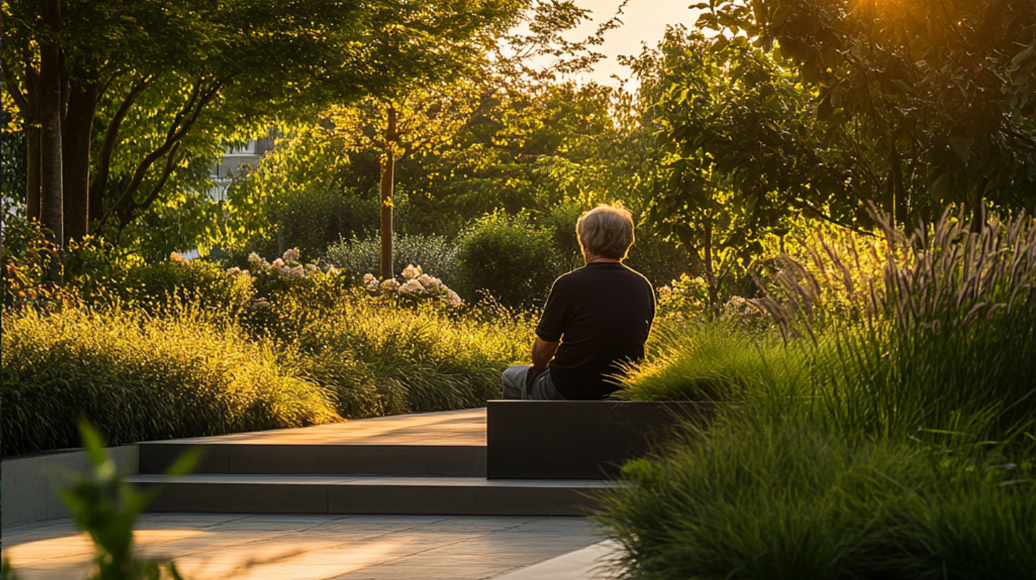 A person sitting quietly on garden steps surrounded by soft planting in warm evening light, showing a garden designed for rest and reflection.