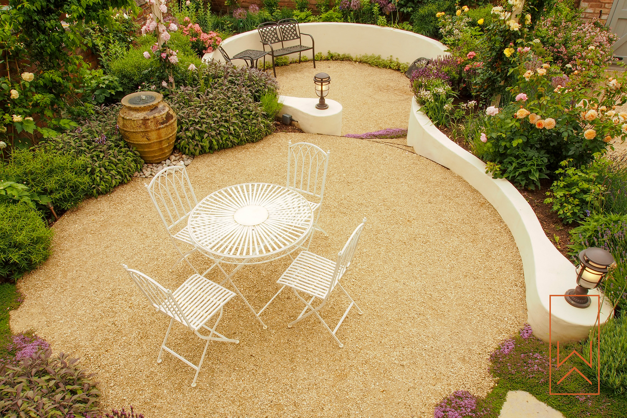 Sunken garden seating with planting and curved walls, Leamington Spa