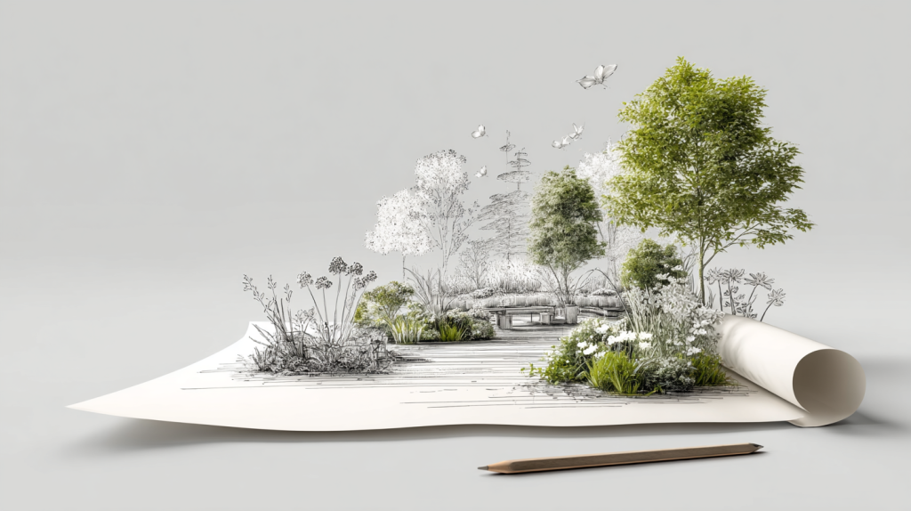 Garden design concept illustration showing a landscape emerging from a rolled plan drawing