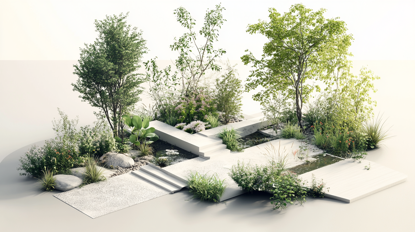 Conceptual garden layout showing stepped levels, planting zones, and circulation paths, illustrating a structured garden design process