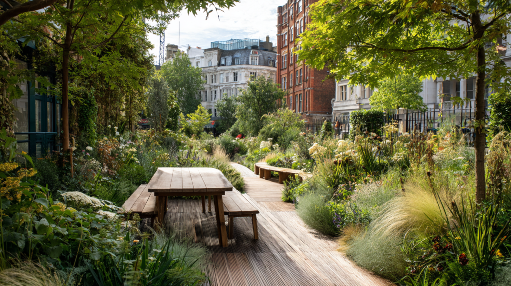 Urban garden with a timber walkway and communal table surrounded by layered planting, designed to guide movement and create calm within a city setting.