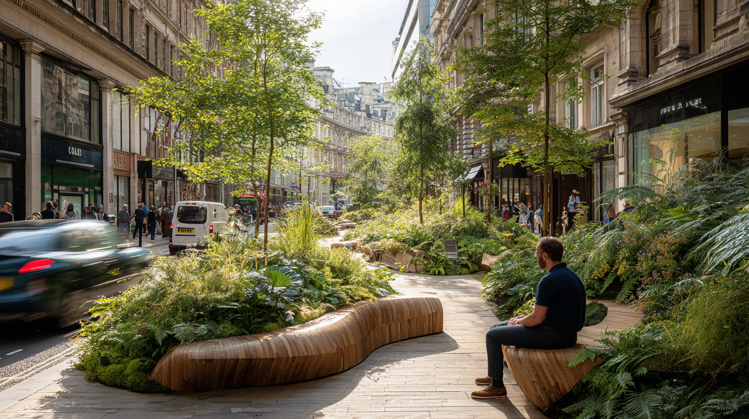 Urban street garden with integrated seating and trees creating calm within a busy city environment Caption