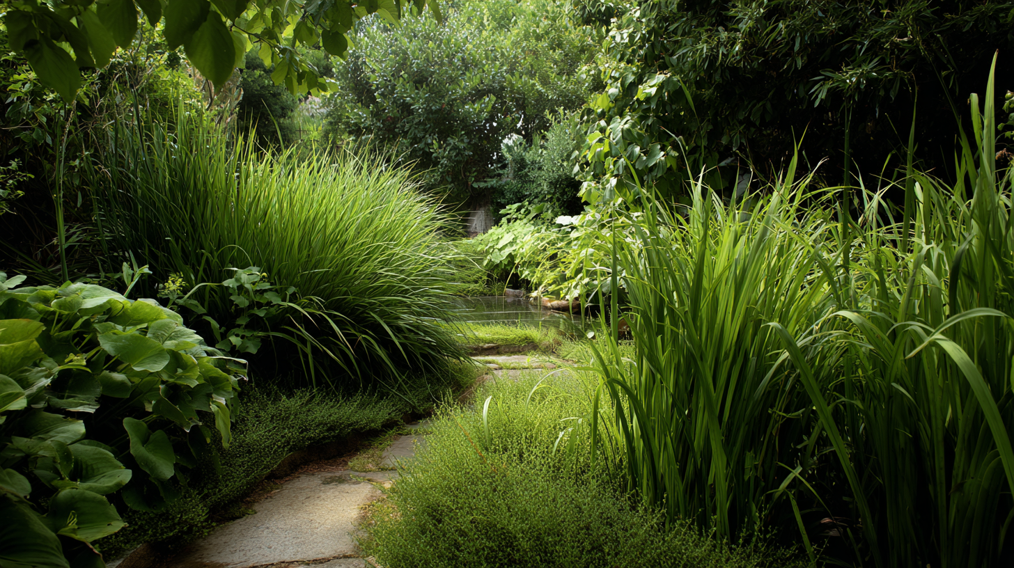Narrow garden path winding through dense grasses and planting, creating a sense of enclosure, calm, and slow movement through the landscape.