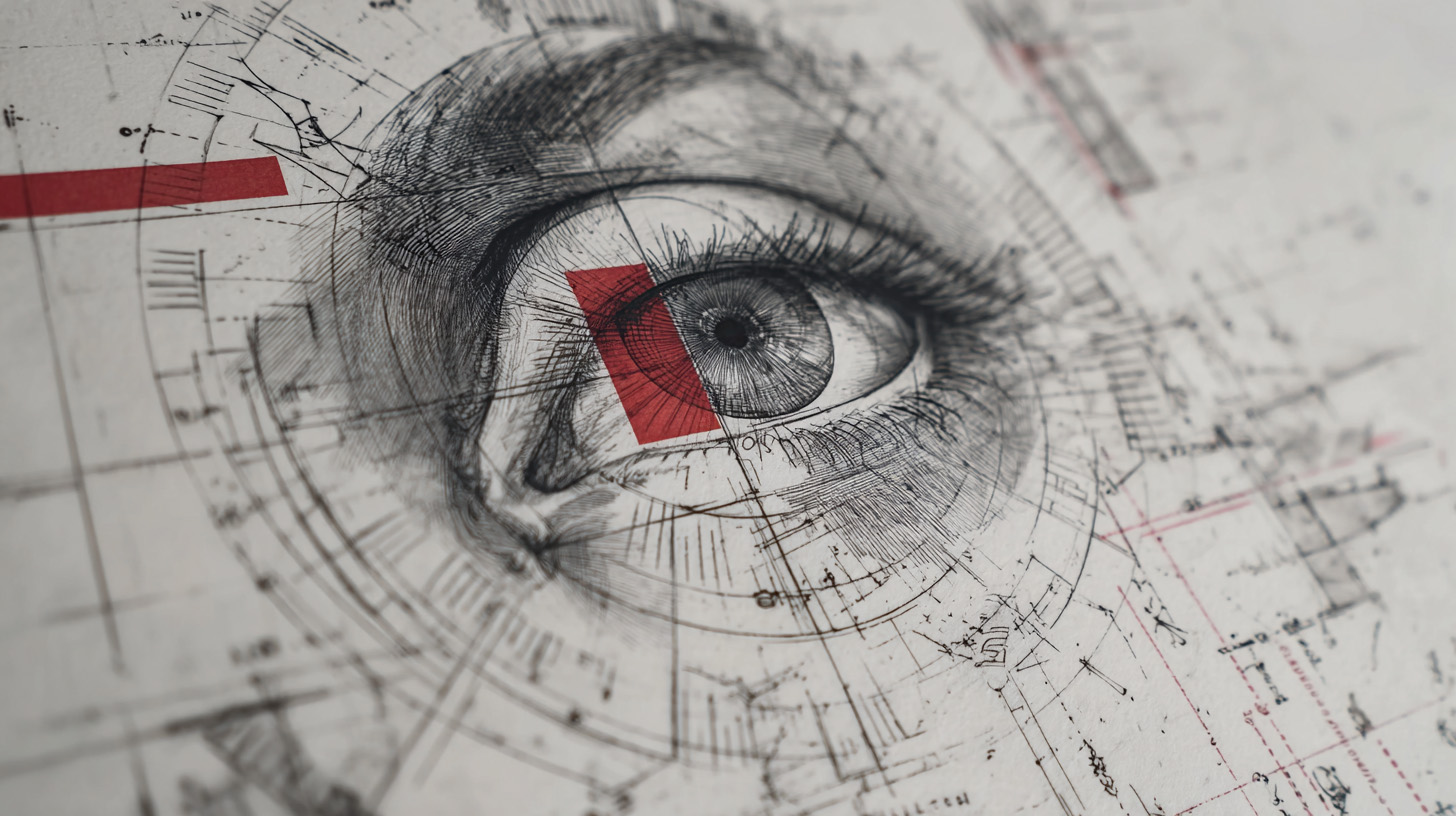 Abstract illustration of a human eye overlaid with technical drawings, representing observation and judgement in the design process