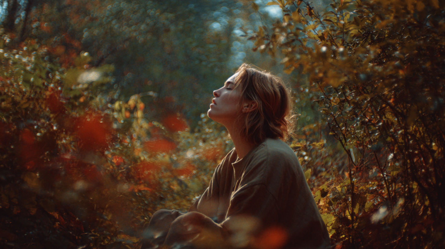Woman sitting quietly in a woodland garden, eyes closed, surrounded by autumn foliage