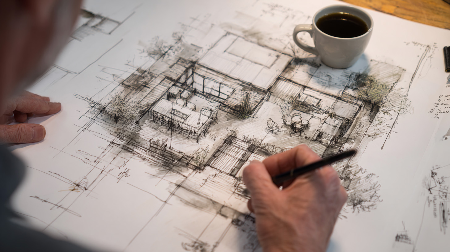 Designer sketching a garden layout by hand, illustrating the early thinking and planning behind a landscape design