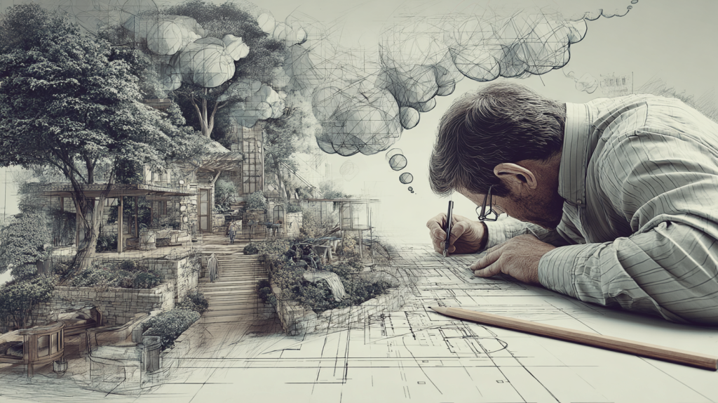 Designer sketching a garden plan as imagined landscape and architecture emerge from the drawing, illustrating the thinking behind garden design