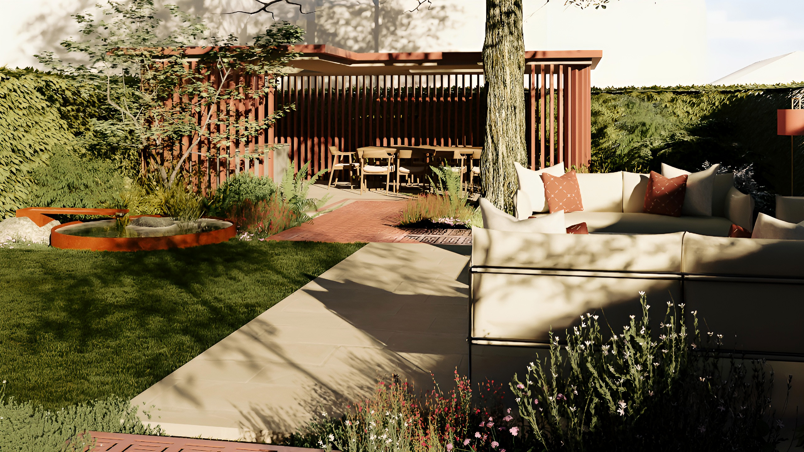 Contemporary red slatted garden pavilion with lounge seating set beside a historic brick house