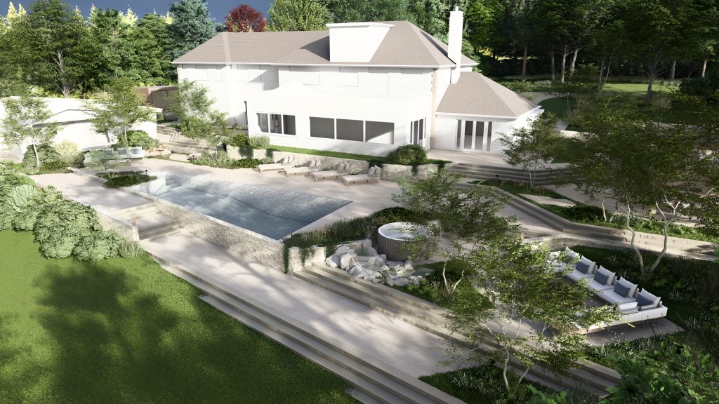 luxury garden design with swimming pool spa and stone terraces UK