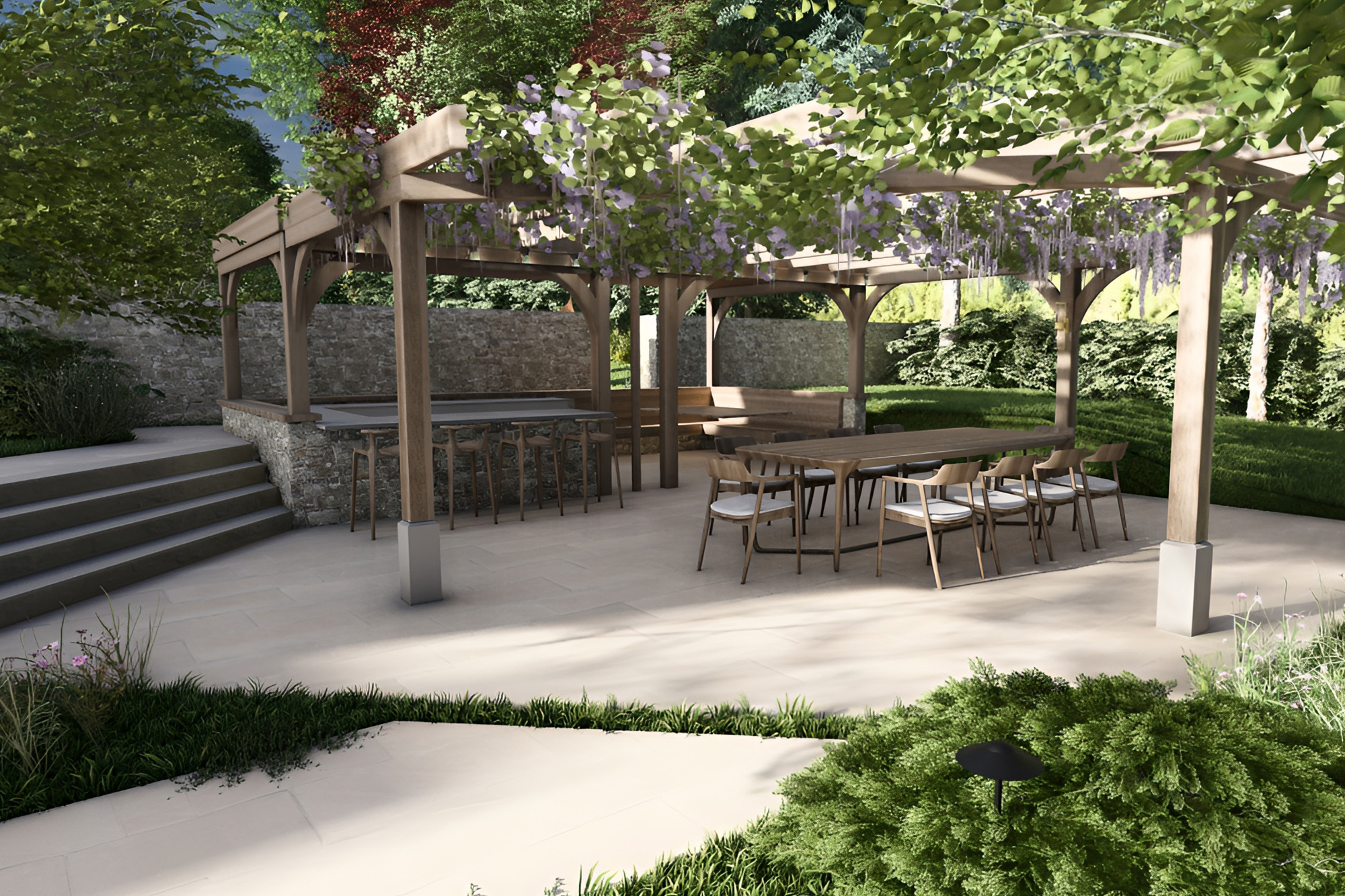 timber garden pavilion outdoor dining area with pergola and climbing plants