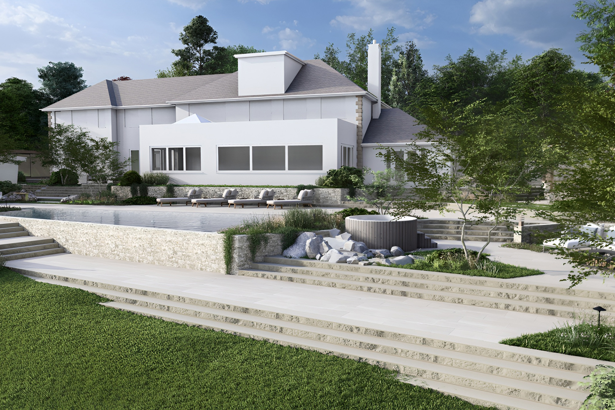 garden steps and terraces connecting lawn to house with pool design