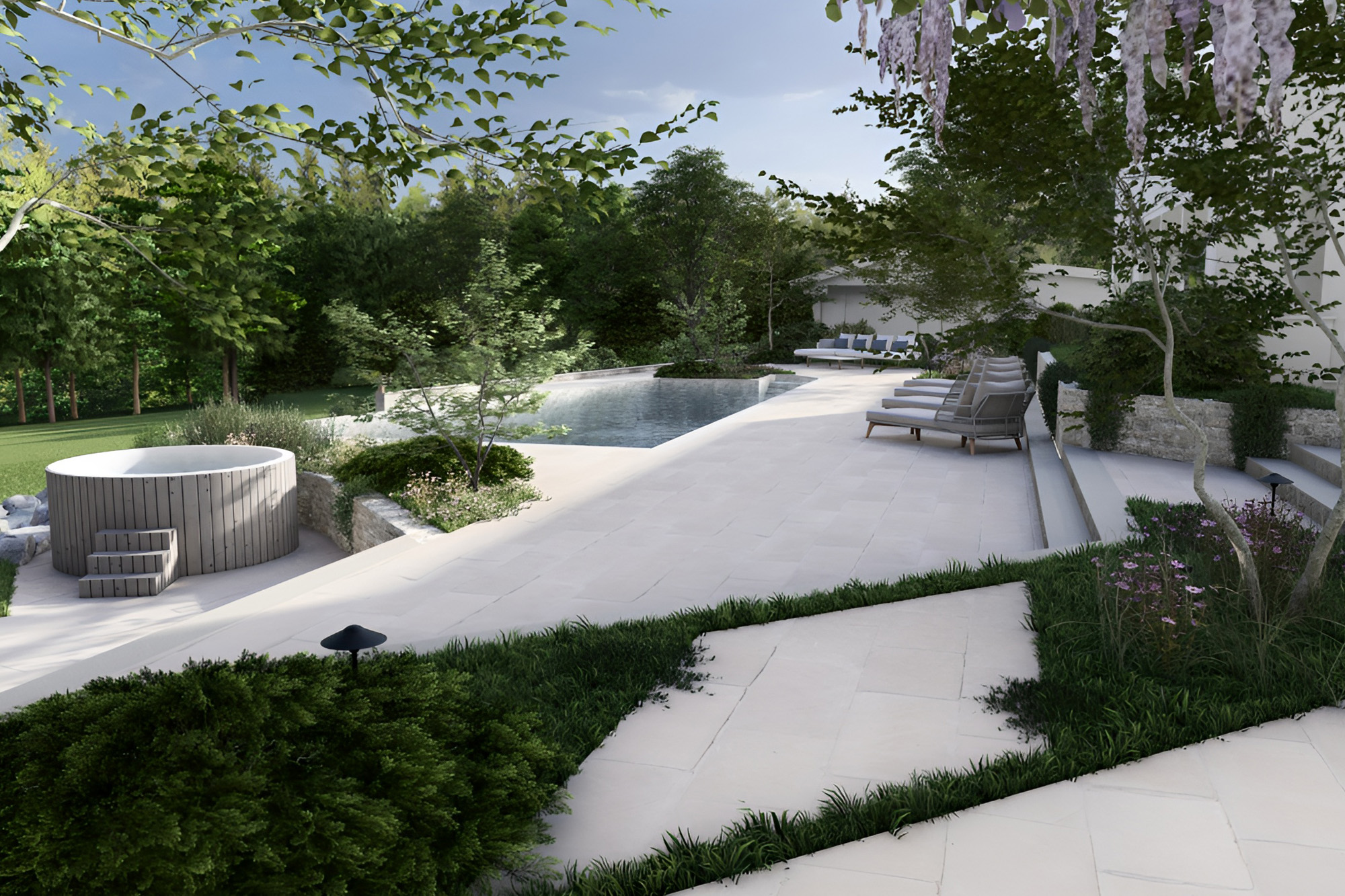 hot tub garden seating area with contemporary planting and terraces